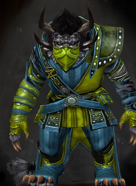 Male Hall of Monuments - Heritage Guild Wars 2 Charr Medium Male Hall of Monuments Armor Set - Dyed Green & Blue - Heritage