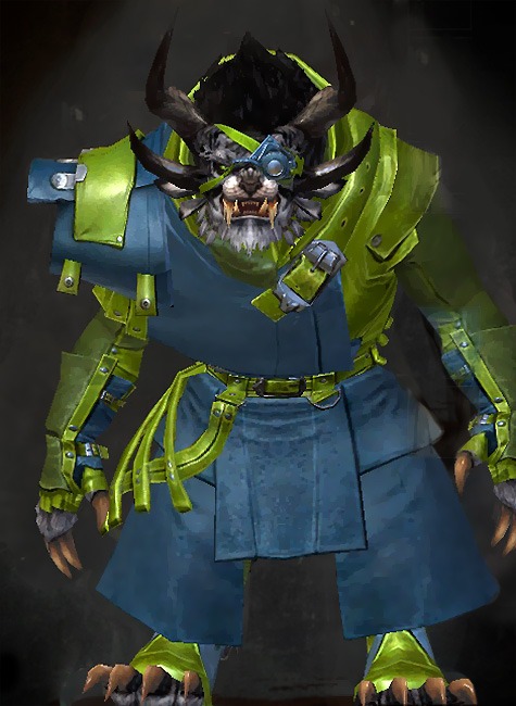 Male Crafted - Leather Guild Wars 2 Charr Medium Male Crafted Armor Set - Dyed Green & Blue - Leather