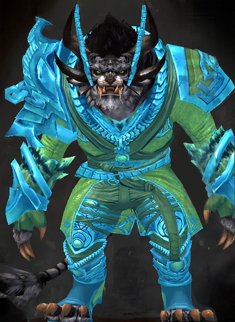 Male Living Story - Luminescent Guild Wars 2 Charr Medium Male Living Story Armor Set - Dyed Green & Blue - Luminescent