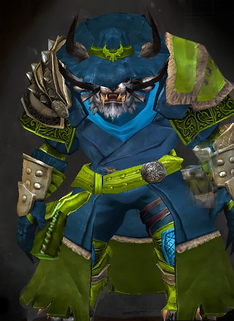Guild Wars 2 Charr Medium Male Karma Armor Set - Dyed Green & Blue - Rubicon