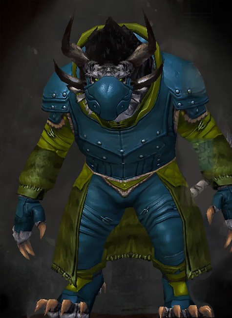 Male Crafted - Seeker Guild Wars 2 Charr Medium Male Crafted Armor Set - Dyed Green & Blue - Seeker