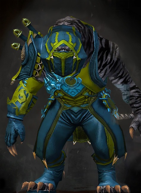Male Order of Whispers - Whisper's Secret Guild Wars 2 Charr Medium Male Order Armor Set - Dyed Green & Blue - Whisper's Secret