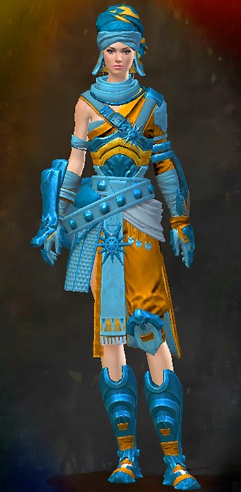 Guild Wars 2 Human Heavy Female Path of Fire Armor Set - Dyed Blue & Gold - Elonian