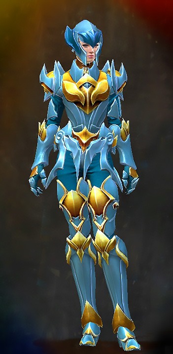 Guild Wars 2 Human Heavy Female Crafted Armor Set - Dyed Blue & Gold - Experimental Envoy