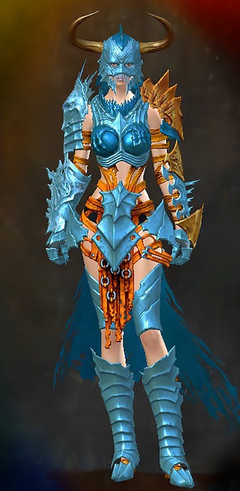 Guild Wars 2 Human Heavy Female Dungeon Armor Set - Dyed Blue & Gold - Grasping Dead