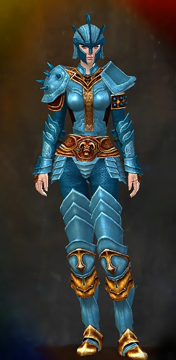 Guild Wars 2 Human Heavy Female Hall of Monuments Armor Set - Dyed Blue & Gold - Heritage