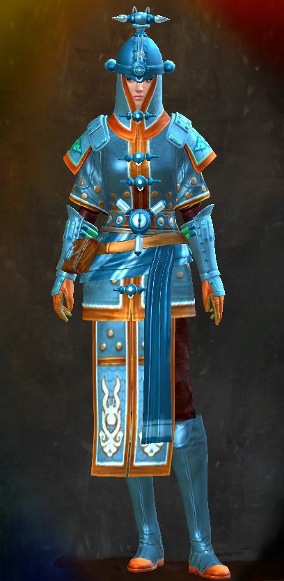 Guild Wars 2 Human Heavy Female End of Dragons Armor Set - Dyed Blue & Gold - Jade Tech