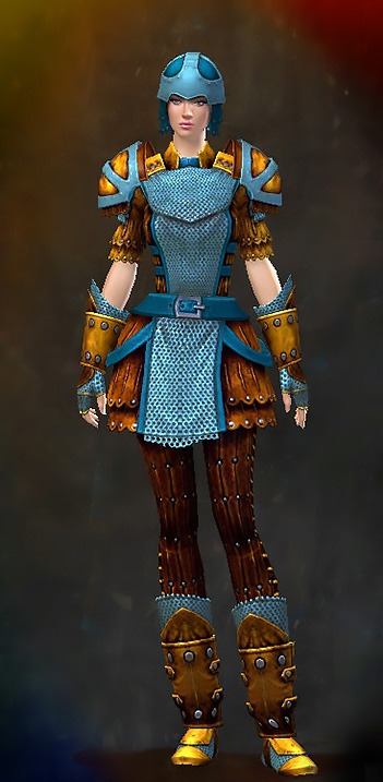 Guild Wars 2 Human Heavy Female Karma Armor Set - Dyed Blue & Gold - Militia
