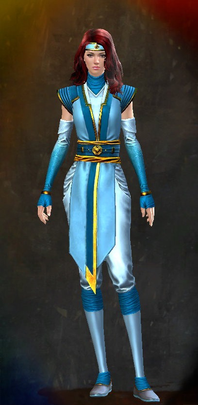 Guild Wars 2 Human Heavy Female End of Dragons Armor Set - Dyed Blue & Gold - Monastery