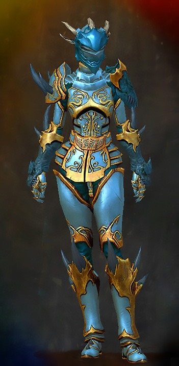 Guild Wars 2 Human Heavy Female Gem Armor Set - Dyed Blue & Gold - Primeval
