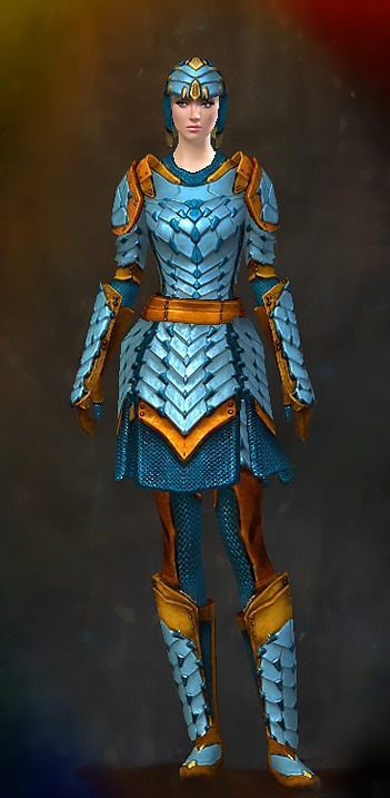 Guild Wars 2 Human Heavy Female Armor Set - Dyed Blue & Gold - Reinforced Scale