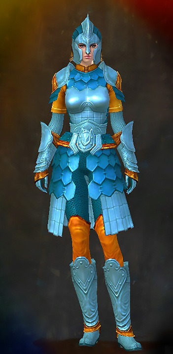 Guild Wars 2 Human Heavy Female Crafted Armor Set - Dyed Blue & Gold - Splint