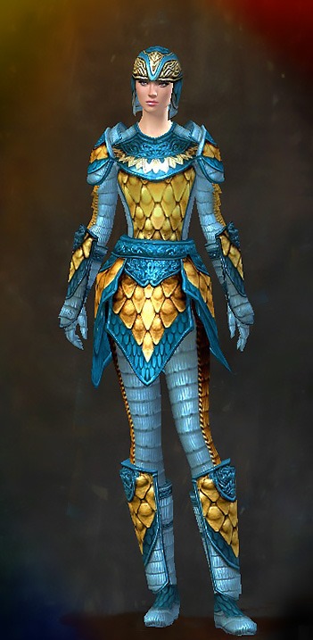 Guild Wars 2 Human Heavy Female Crafted Armor Set - Dyed Blue & Gold - Tempered Scale