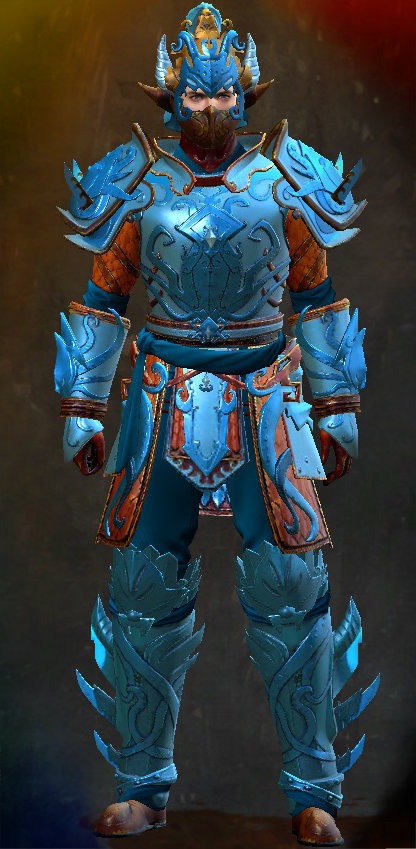 Guild Wars 2 Human Heavy Male End of Dragons Armor Set - Dyed Blue & Gold - Ancient Canthan