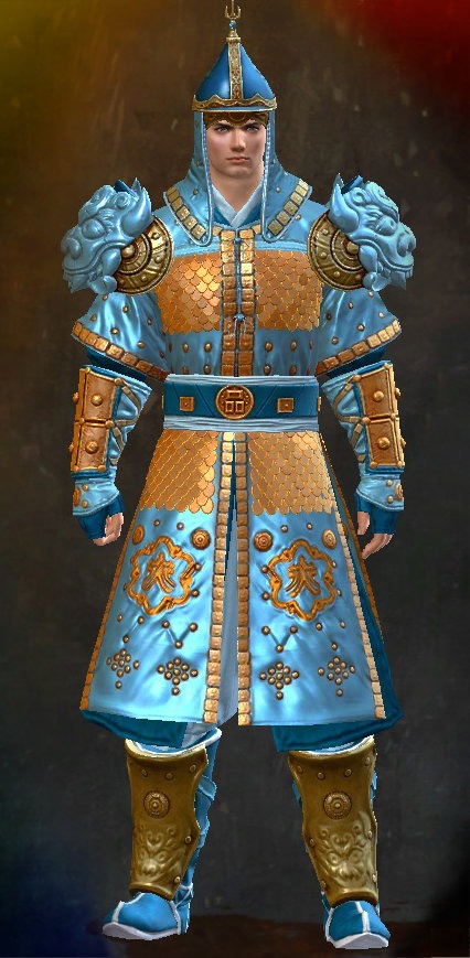 Guild Wars 2 Human Heavy Male End of Dragons Armor Set - Dyed Blue & Gold - Antique