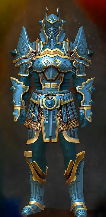 Guild Wars 2 Human Heavy Male Dungeon Armor Set - Dyed Blue & Gold - Inquest