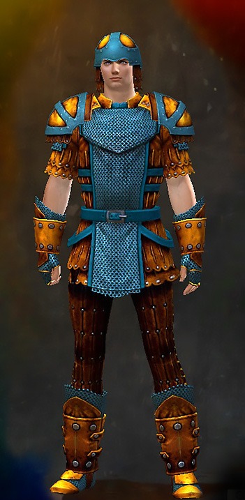 Guild Wars 2 Human Heavy Male Karma Armor Set - Dyed Blue & Gold - Militia