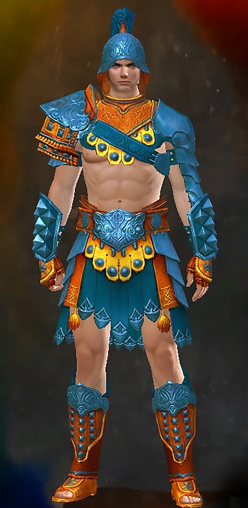 Guild Wars 2 Human Heavy Male Karma Armor Set - Dyed Blue & Gold - Pit Fighter