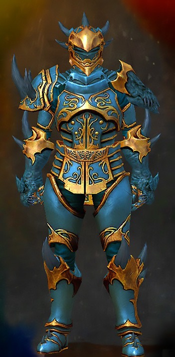 Guild Wars 2 Human Heavy Male Gem Armor Set - Dyed Blue & Gold - Primeval