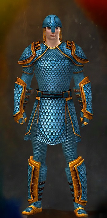 Guild Wars 2 Human Heavy Male Crafted Armor Set - Dyed Blue & Gold - Scale