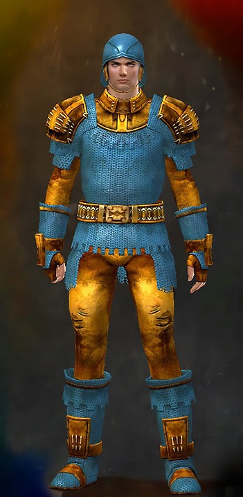 Guild Wars 2 Human Heavy Male Armor Set - Dyed Blue & Gold - Worn Chain