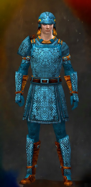 Guild Wars 2 Human Heavy Male Armor Set - Dyed Blue & Gold - Worn Scale