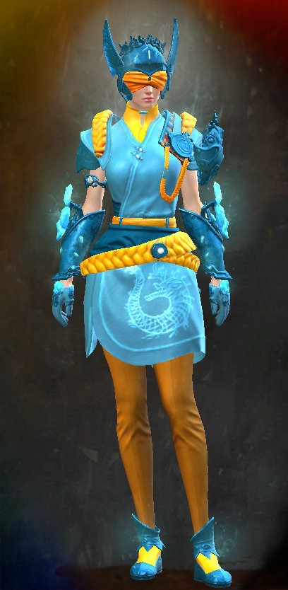 Guild Wars 2 Human Light Female End of Dragons Armor Set - Dyed Blue & Gold - Ancient Ritualist