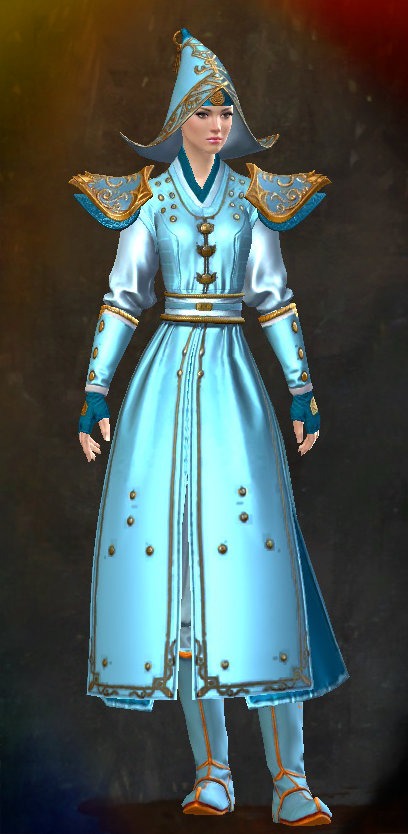 Guild Wars 2 Human Light Female End of Dragons Armor Set - Dyed Blue & Gold - Antique