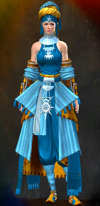 Guild Wars 2 Human Light Female Path of Fire Armor Set - Dyed Blue & Gold - Elonian