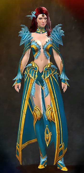 Guild Wars 2 Human Light Female Crafted Armor Set - Dyed Blue & Gold - Feathered