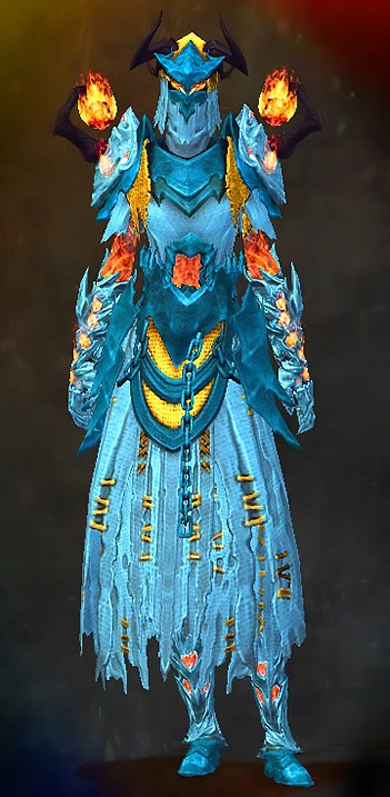 Guild Wars 2 Human Light Female Dungeon Armor Set - Dyed Blue & Gold - Flame Legion