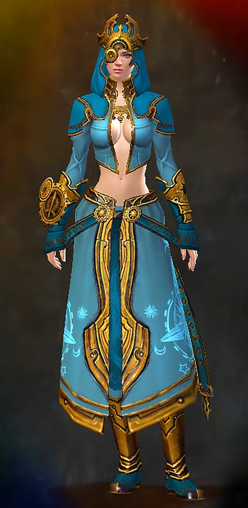 Guild Wars 2 Human Light Female Dungeon Armor Set - Dyed Blue & Gold - Inquest