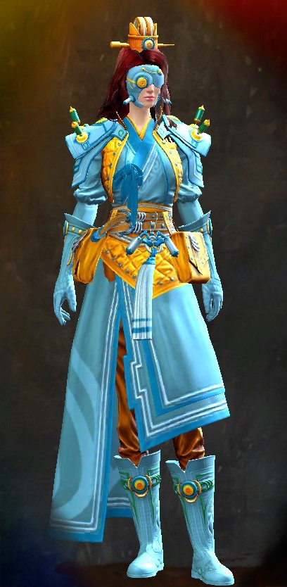 Guild Wars 2 Human Light Female End of Dragons Armor Set - Dyed Blue & Gold - Jade Tech