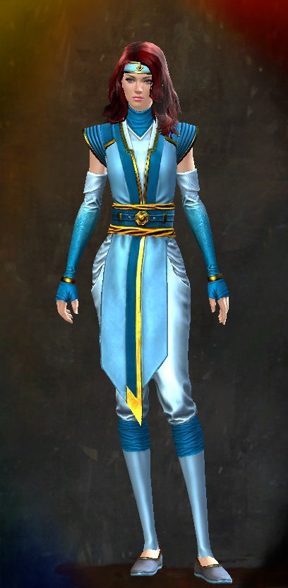 Guild Wars 2 Human Light Female End of Dragons Armor Set - Dyed Blue & Gold - Monastery