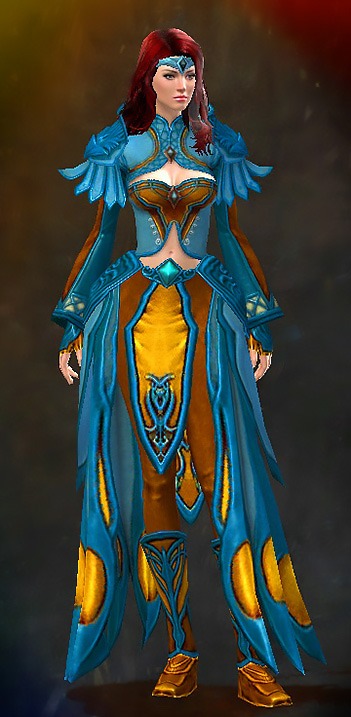 Guild Wars 2 Human Light Female Karma Armor Set - Dyed Blue & Gold - Stately