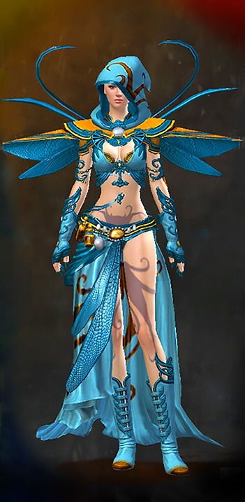 Guild Wars 2 Human Light Female Crafted Armor Set - Dyed Blue & Gold - Winged