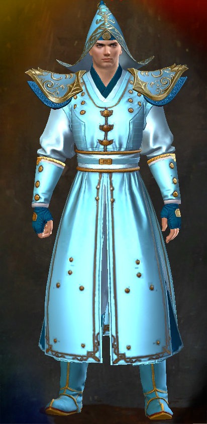 Guild Wars 2 Human Light Male End of Dragons Armor Set - Dyed Blue & Gold - Antique