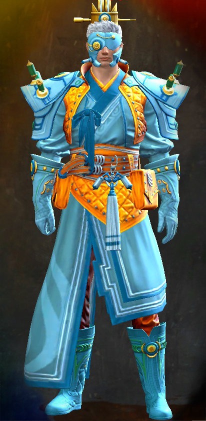 Guild Wars 2 Human Light Male End of Dragons Armor Set - Dyed Blue & Gold - Jade Tech
