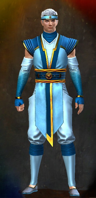 Guild Wars 2 Human Light Male End of Dragons Armor Set - Dyed Blue & Gold - Monastery