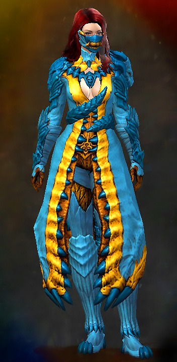 Female Dungeon The Ruined City of Arah - Armor of the Accursed Guild Wars 2 Human Medium Female Dungeon Armor Set - Dyed Blue & Gold - Armor of the Accursed