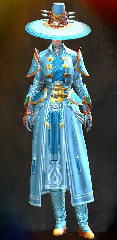 Guild Wars 2 Human Medium Female End of Dragons Armor Set - Dyed Blue & Gold - Jade Tech