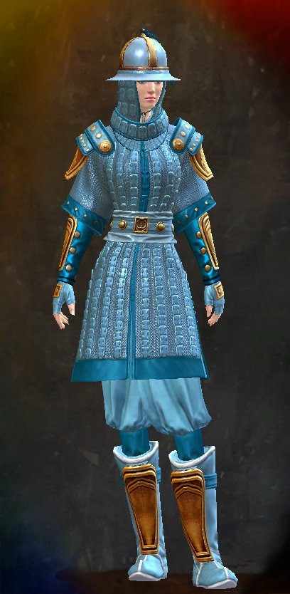 Guild Wars 2 Human Medium Female End of Dragons Armor Set - Dyed Blue & Gold - Antique