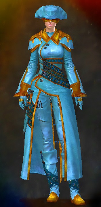 Guild Wars 2 Human Medium Female Karma Armor Set - Dyed Blue & Gold - Buccaneer