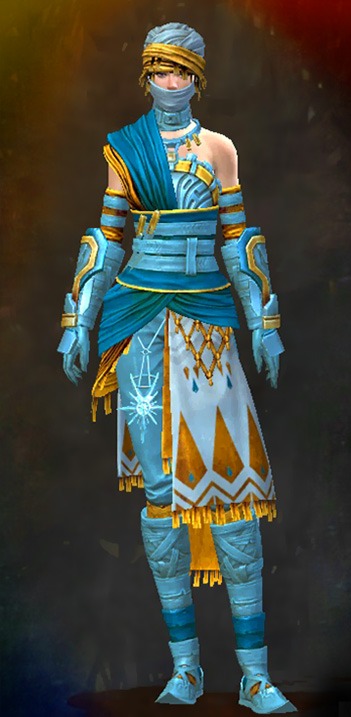 Female Path of Fire - Elonian Guild Wars 2 Human Medium Female Path of Fire Armor Set - Dyed Blue & Gold - Elonian