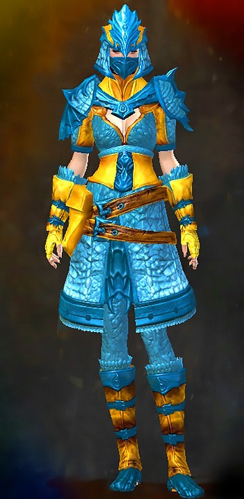 Guild Wars 2 Human Medium Female Crafted Armor Set - Dyed Blue & Gold - Emblazoned