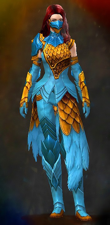 Female Cultural Tier 2 - Falconer's Guild Wars 2 Human Medium Female Cultural Armor Set - Dyed Blue & Gold - Falconer's