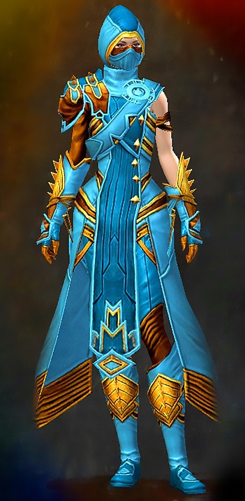 Female Dungeon Crucible of Eternity - Inquest Guild Wars 2 Human Medium Female Dungeon Armor Set - Dyed Blue & Gold - Inquest