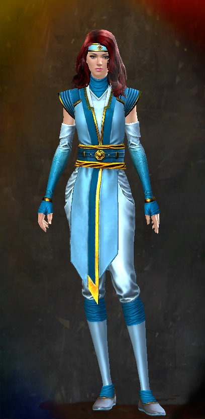 Guild Wars 2 Human Medium Female End of Dragons Armor Set - Dyed Blue & Gold - Monastery