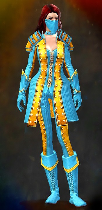 Guild Wars 2 Human Medium Female Crafted Armor Set - Dyed Blue & Gold - Outlaw