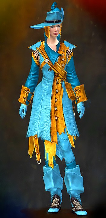 Female - Privateer Guild Wars 2 Human Medium Female Armor Set - Dyed Blue & Gold - Privateer